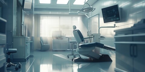 A hospital room with a chair and a monitor. Suitable for medical and healthcare-related projects