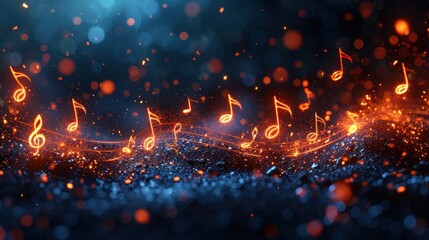 a group of musical notes that are on a blue and orange background with a blurry boke of lights. - obrazy, fototapety, plakaty