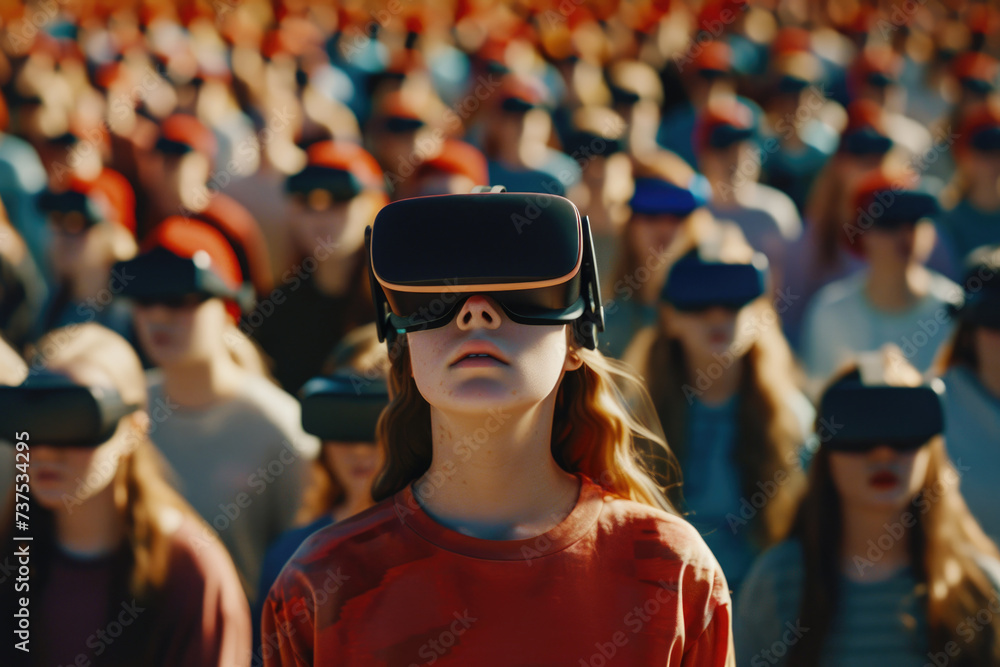 Poster a woman wearing a virtual reality headset stands in front of a crowd of people. this image can be us