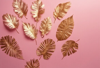 Painted Golden tropical leaves on pink pastel background Natural Creative layout