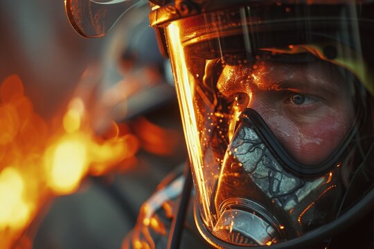 A man wearing a helmet and goggles stands in front of a fire. Suitable for industrial, firefighter, or safety-related concepts