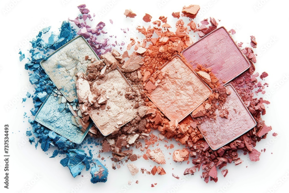 Poster various colored eyeshadows arranged on a white surface. ideal for beauty and makeup-related projects