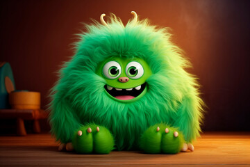Fototapeta premium Funny fluffy character on dark background. Smiling green monster sitting in children's room