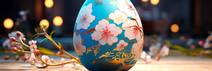 Banner with Handmade decorated Easter egg. One egg painted with cherry blossoms on table with flowers.