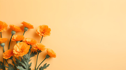 orange colored marigold flowers on yellow pastel background with copy space