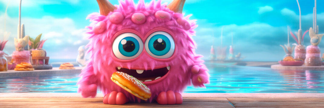 Banner with Funny baby monster with cookie. Cute pink chubby character eating sweet treat. National Donut Day or Fat Thursday. header for cover, menu, signboard, bakery, advertising