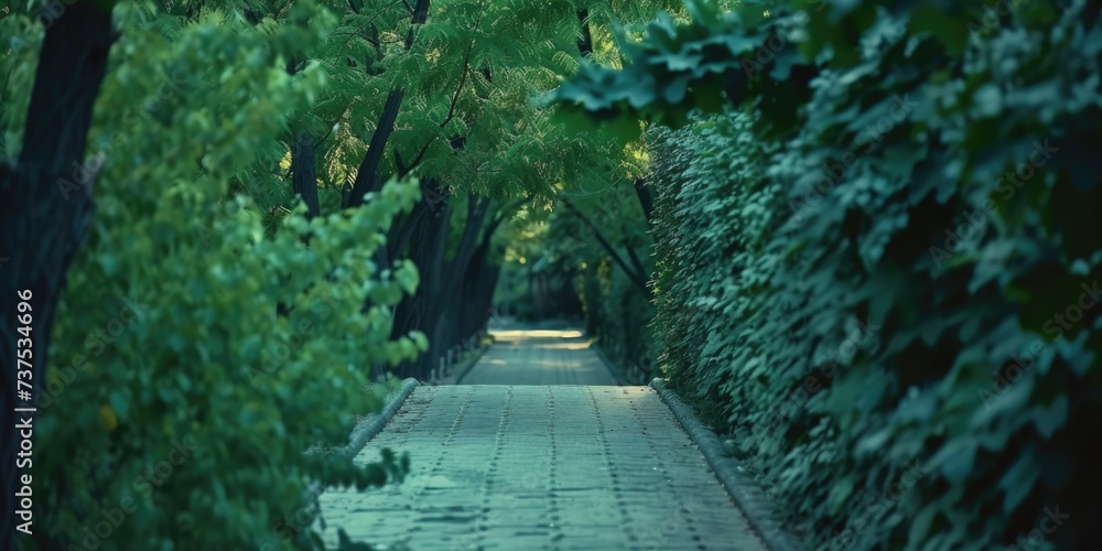 Poster a person is walking down a path in a park. this image can be used to depict leisurely walks in natur