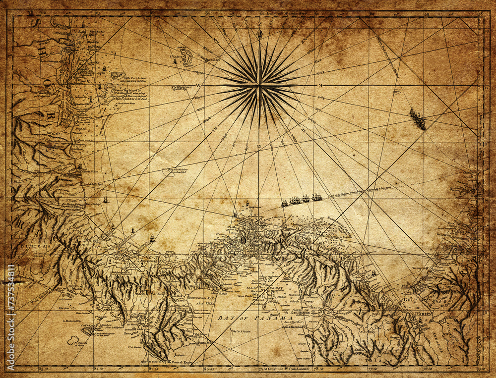 Wall mural Old map collage background. A concept on the topic of sea voyages, discoveries, pirates, sailors, geography, travel and history. Pirate, travel and nautical background.