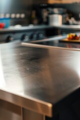 Fototapeta na wymiar A sleek and modern stainless steel counter top in a kitchen. Perfect for adding a contemporary touch to any culinary space