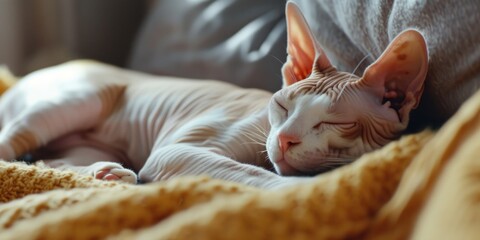 Close up of a cat peacefully sleeping on a couch. Suitable for pet lovers and home decor themes