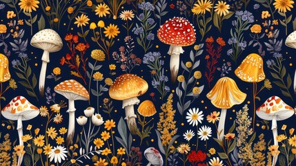 a painting of mushrooms and daisies in a field of wildflowers and daisies on a dark blue background.
