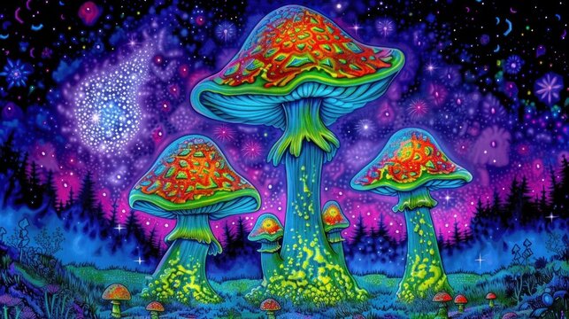 a painting of a group of mushrooms in a field under a night sky with stars and the moon in the background.