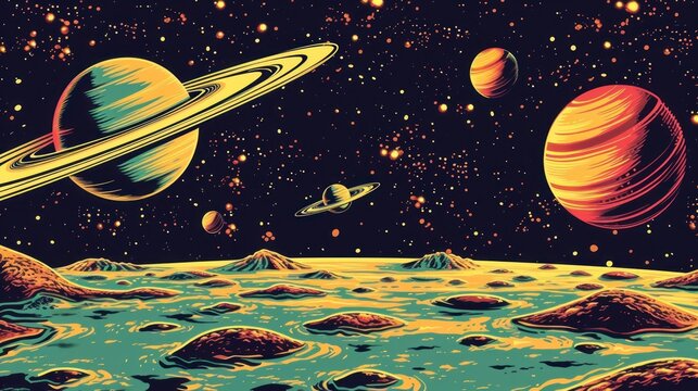 an image of a space scene with planets in the foreground and the sun in the middle of the image.