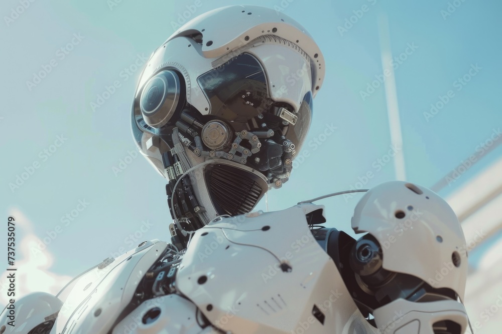 Aufkleber A close-up image of a robot wearing a helmet. Can be used to depict futuristic technology or artificial intelligence in various contexts