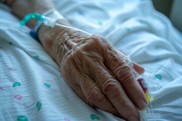 Elderly patient with an IV catheter in hand lies in a hospital ward room