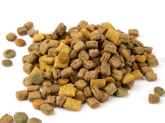 Food for animals, food for cats, dogs on a white background. The concept of animal food.