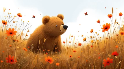 Fotobehang a painting of a brown teddy bear sitting in a field of orange flowers with a blue sky in the background. © Shanti
