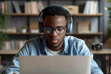 Focused young African American man with glasses wearing headphones studying remotely and taking notes while watching educational online lecture