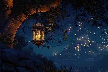 A lantern hanging from a tree at night. Can be used to create a mysterious and enchanting atmosphere