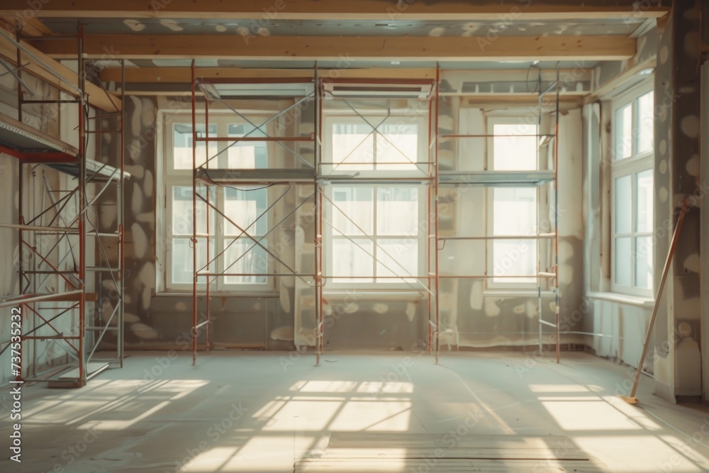 Poster a room with scaffolding and scaffolding equipment. this image can be used to depict construction, re