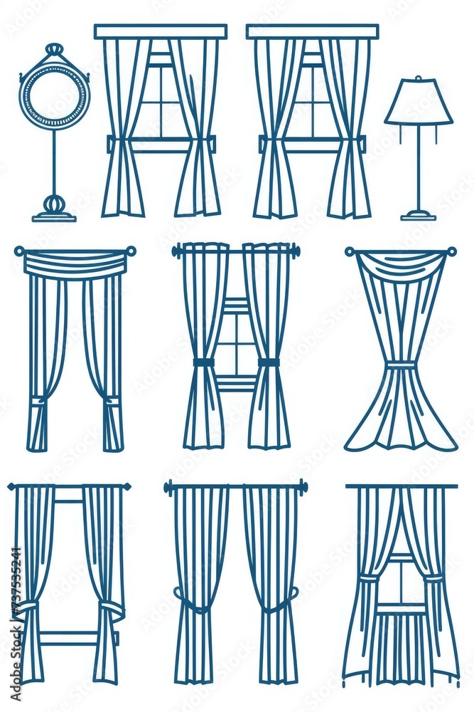 Aufkleber a collection of nine unique curtain designs, perfect for adding style and privacy to any room. ideal