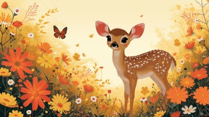 a little deer standing in a field of flowers with a butterfly flying over the top of it's head.