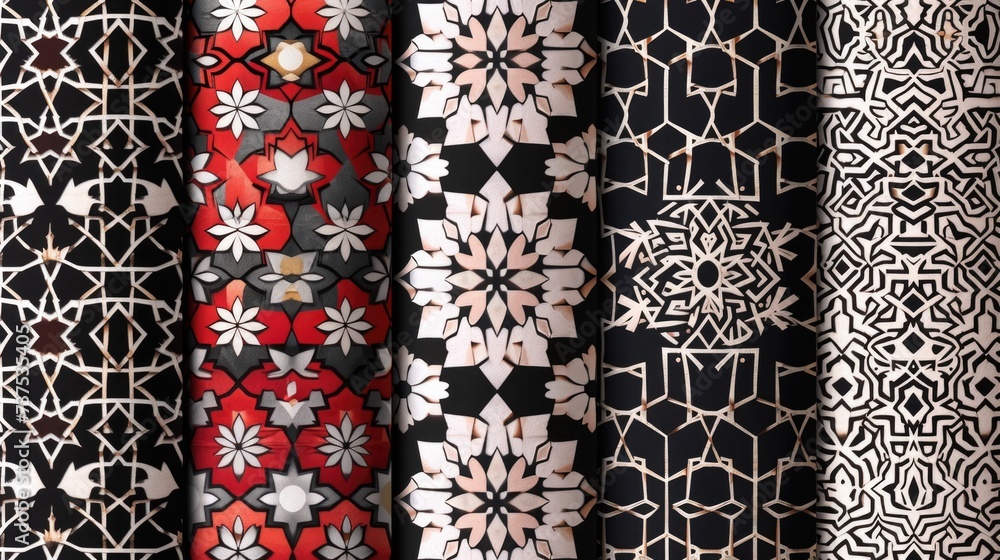 Poster A collection of vibrant fabrics displayed on a wall. Perfect for adding a pop of color to any space