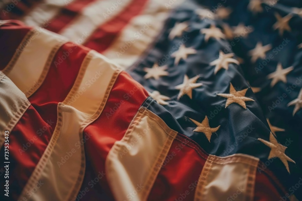 Poster a close-up photograph of an american flag placed on a bed. this image can be used to showcase patrio