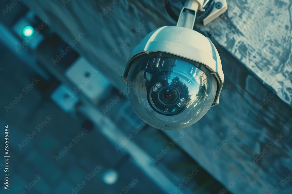 Poster close up of a camera attached to a wall. ideal for security surveillance or monitoring purposes