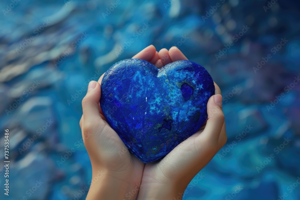 Poster a person is holding a blue stone in their hands. this image can be used to depict the concept of min