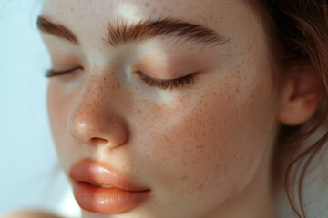 Close up of a fresh youthful woman with freckles closed eyes applying anti aging skincare cream on a white background