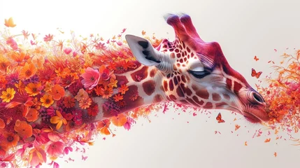 Crédence de cuisine en verre imprimé Papillons en grunge a close up of a giraffe with a bunch of flowers on it's head and a sky background.