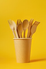 A cup filled with wooden utensils on a vibrant yellow background. Perfect for kitchen and cooking-related projects