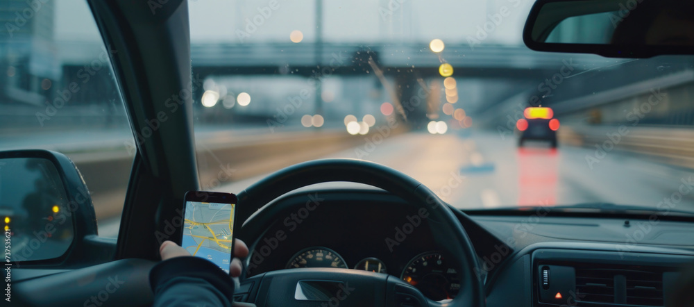 Poster a person holding a cell phone while driving a car. this image can be used to illustrate the dangers 