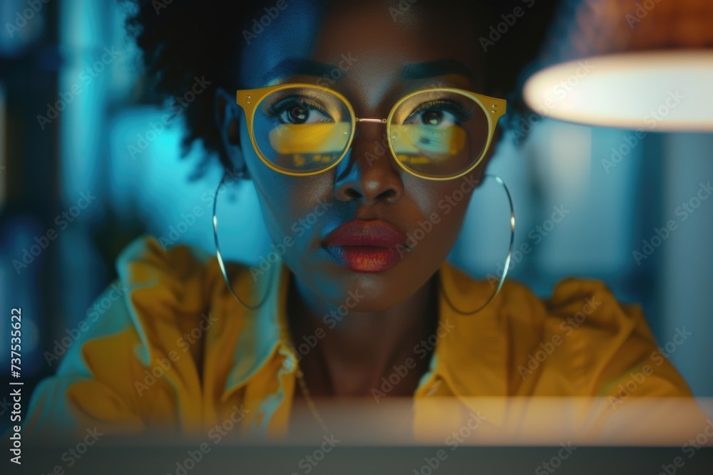 Poster a woman wearing glasses focused on a computer screen. suitable for technology and work-related proje