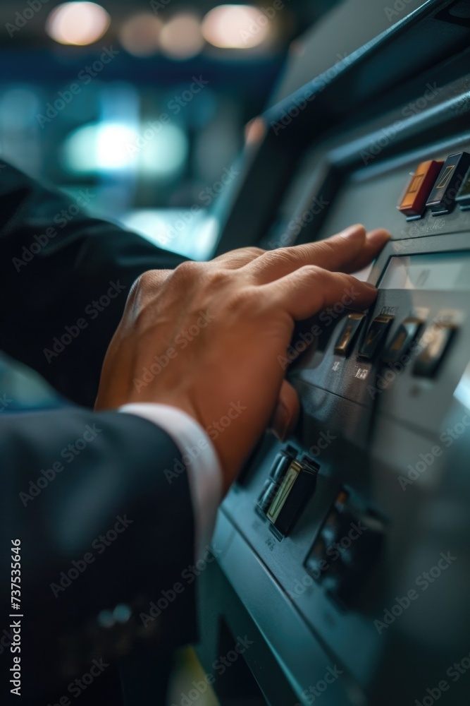 Poster A close-up view of a person's hand on a control panel. This image can be used to depict technology, automation, or human-machine interaction