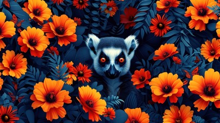 a black and white animal surrounded by orange and red flowers on a dark blue background with orange and red flowers. - obrazy, fototapety, plakaty