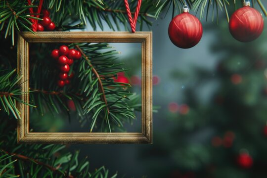 A picture frame is hanging from a Christmas tree. This image can be used for holiday decorations or to showcase a special memory during the festive season
