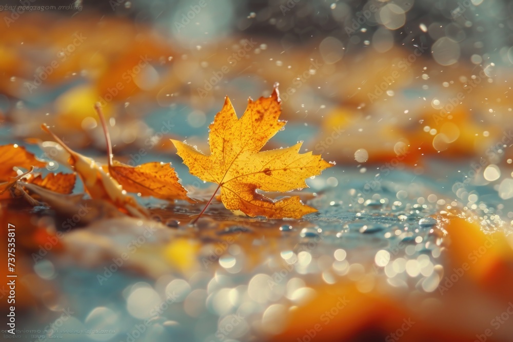 Poster a close-up view of a single leaf on a wet surface. this image can be used to depict nature, rain, or