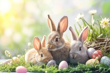 Obraz premium Happy Easter Eggs Basket Mint Chip Green. Bunny in flower easter cuddly decoration Garden. Cute hare 3d plush gift easter rabbit spring illustration. Holy week Pastel colors card wallpaper Topaz