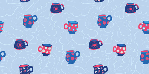 Groovy cartoon seamless pattern with coffee cup with smile, simple flowers. Funny mug ornament 70s style. Retro cartoon print of 60s 70s style vector illustration