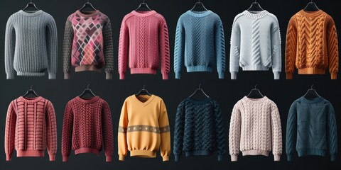 A collection of sweaters hanging on a clothes rack. Perfect for showcasing different styles and colors of sweaters.