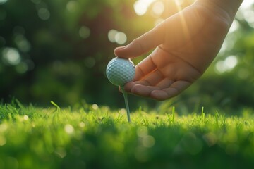Close up of golf ball on tee being held on course - obrazy, fototapety, plakaty