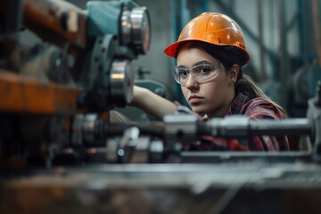 Female factory worker operating a CNC machine at work maintaining the industrial machinery