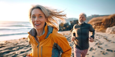 Blond senior retired beautiful woman running along the sea or ocean coast beach with her retiree husband on sunny day leading active sporty lifestyle