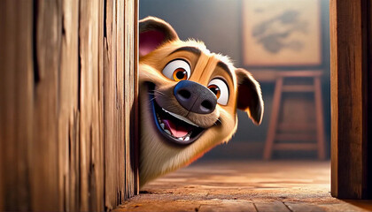 A silly dog with a playful expression, peeking its head in