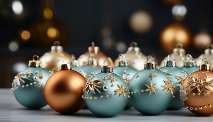 Christmas ornament decoration, winter celebration, shiny gold ball on blue background generated by AI