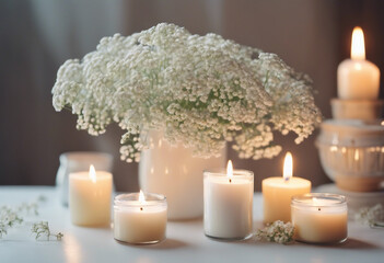 The romantic concept of white flowers arrangement and burning candles - obrazy, fototapety, plakaty