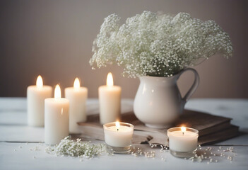 White candles and arrangement of baby's breath flowers - obrazy, fototapety, plakaty