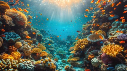 an underwater view of a coral reef with many different types of corals and small fish swimming around the corals.